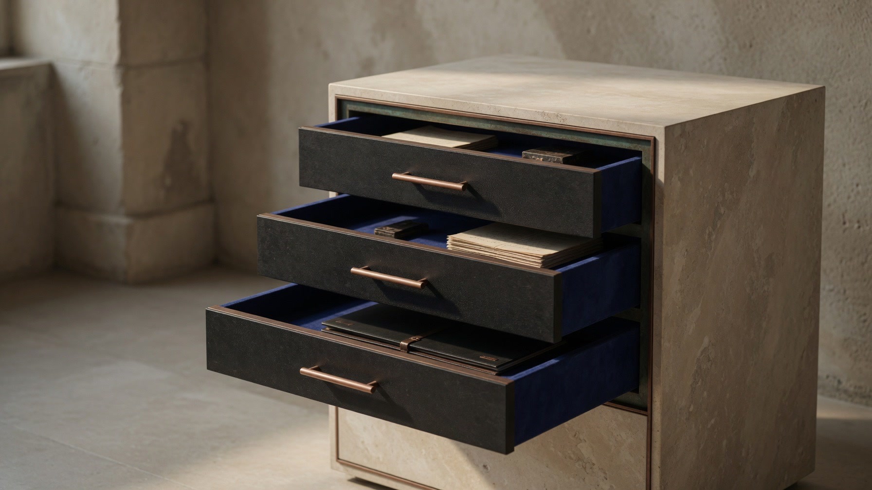 Blank archival papers and folders arranged on a table